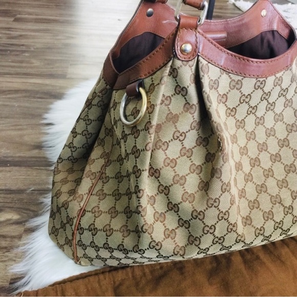 Large Gucci Sukey light brown/beige GG Monogram Canvas Leather Tote - Picture 3 of 8